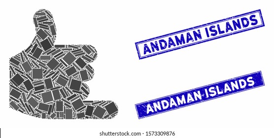 Mosaic call pictogram and rectangle Andaman Islands watermarks. Flat vector call mosaic pictogram of random rotated rectangle elements. Blue Andaman Islands watermarks with rubber textures.