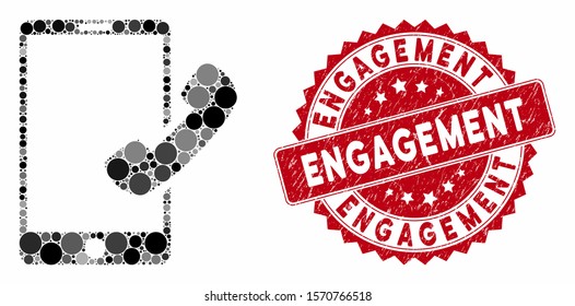 Mosaic call smartphone and corroded stamp seal with Engagement phrase. Mosaic vector is designed from call smartphone icon and with scattered circle spots. Engagement stamp seal uses red color,