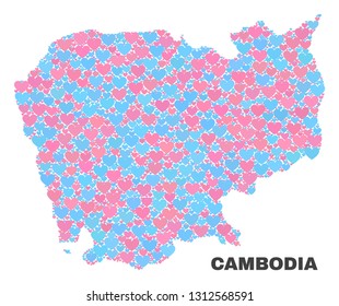Mosaic Cambodia map of lovely hearts in pink and blue colors isolated on a white background. Lovely heart collage in shape of Cambodia map. Abstract design for Valentine illustrations.