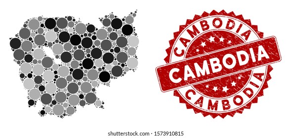 Mosaic Cambodia map and round stamp. Flat vector Cambodia map mosaic of scattered round items. Red seal stamp with dirty surface. Designed for political and patriotic posters.