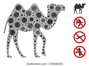 Mosaic camel constructed from covid-2019 virus icons in variable sizes and color hues. Vector pathogen icons are united into abstract mosaic camel icon. Some bonus icons are added.