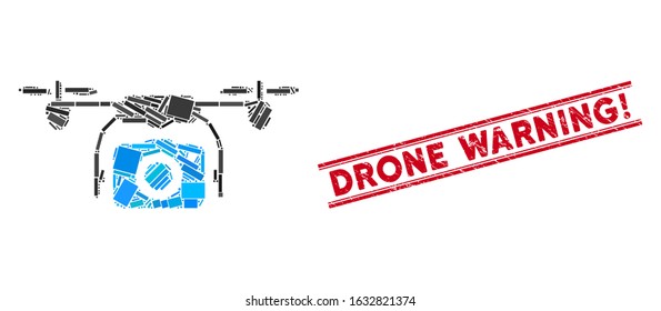 Mosaic camera drone icon and red Drone Warning! seal stamp between double parallel lines. Flat vector camera drone mosaic icon of random rotated rectangular items.
