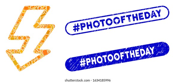 Mosaic camera flash and distressed stamp watermarks with #Photooftheday caption. Mosaic vector camera flash is created with random rectangle items. #Photooftheday stamp seals use blue color,