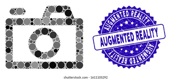Mosaic camera icon and corroded stamp seal with Augmented Reality caption. Mosaic vector is composed with camera icon and with randomized circle spots. Augmented Reality seal uses blue color,