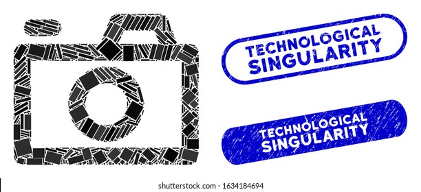 Mosaic camera and rubber stamp seals with Technological Singularity caption. Mosaic vector camera is created with scattered rectangle items. Technological Singularity stamp seals use blue color,