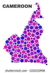 Mosaic Cameroon map isolated on a white background. Vector geographic abstraction in pink and violet colors. Mosaic of Cameroon map combined of random circle items.