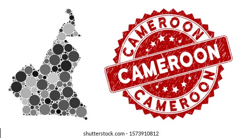 Mosaic Cameroon map and round seal stamp. Flat vector Cameroon map mosaic of random round items. Red seal stamp with distress style. Designed for political and patriotic purposes.