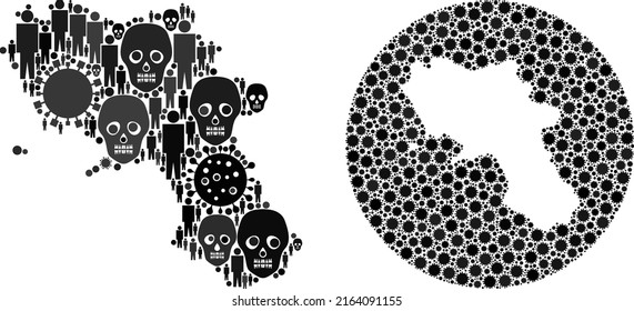 Mosaic Campania region map composed of flu virus items and population and mortal items. Evil virus Campania region map mosaic designed with sphere and subtracted space.