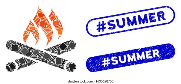 Mosaic campfire and corroded stamp seals with #Summer caption. Mosaic vector campfire is designed with scattered rectangle items. #Summer stamp seals use blue color, and have round rectangle shape.