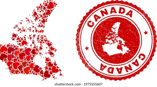 Mosaic Canada map formed from red love hearts, and scratched stamp. Vector lovely round red rubber seal stamp imprint with Canada map inside.
