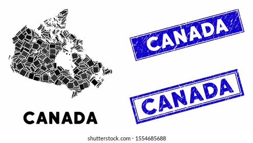 Mosaic Canada map and rectangular stamps. Flat vector Canada map mosaic of random rotated rectangular elements. Blue caption seal stamps with distress surface.