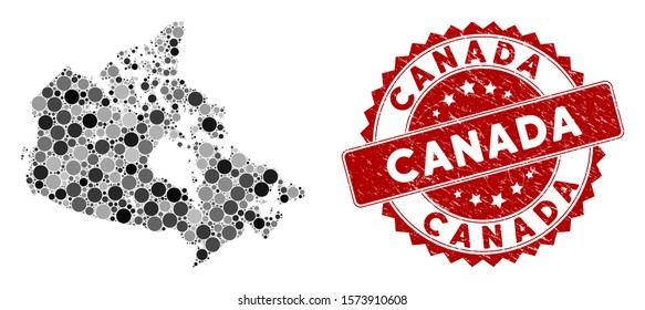 Mosaic Canada map and round rubber print. Flat vector Canada map mosaic of random round elements. Red rubber stamp with grunged texture. Designed for political and patriotic posters.