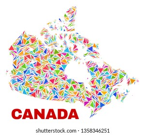 Mosaic Canada map of triangles in bright colors isolated on a white background. Triangular collage in shape of Canada map. Abstract design for patriotic decoration.