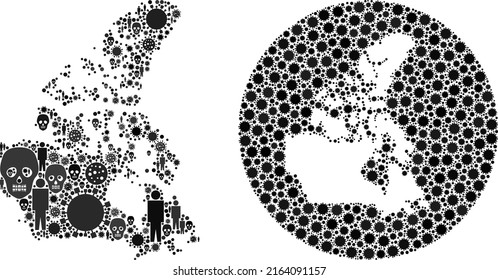Mosaic Canada v2 map designed from sars virus icons and humans and skeleton icons. Pandemic virus Canada v2 map mosaic composed with sphere and subtracted space.