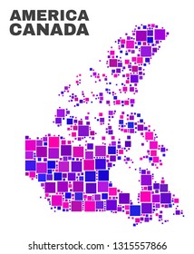 Mosaic Canada v2 map isolated on a white background. Vector geographic abstraction in pink and violet colors. Mosaic of Canada v2 map combined of random small squares.