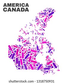 Mosaic Canada v2 map isolated on a white background. Vector geographic abstraction in pink and violet colors. Mosaic of Canada v2 map combined of random round points and lines.