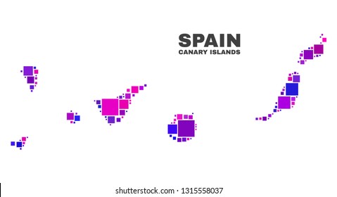 Mosaic Canary Islands map isolated on a white background. Vector geographic abstraction in pink and violet colors. Mosaic of Canary Islands map composed from scattered square elements.