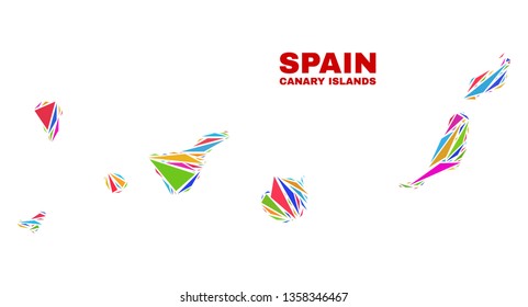 Mosaic Canary Islands map of triangles in bright colors isolated on a white background. Triangular collage in shape of Canary Islands map. Abstract design for patriotic illustrations.