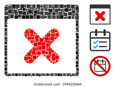 Mosaic Cancel calendar page icon composed of square elements in variable sizes and color hues. Vector square elements are organized into abstract mosaic cancel calendar page icon.