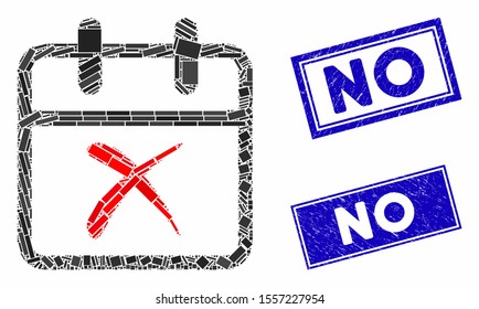 Mosaic cancel day icon and rectangular seals. Flat vector cancel day mosaic icon of randomized rotated rectangular items. Blue caption stamps with grunged surface.