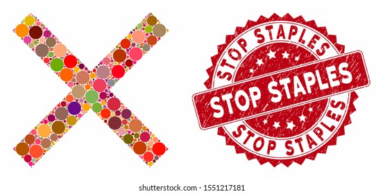 Mosaic cancel and distressed stamp seal with Stop Staples text. Mosaic vector is designed with cancel icon and with scattered round spots. Stop Staples stamp seal uses red color, and grunge design.