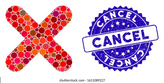 Mosaic cancel icon and grunge stamp seal with Cancel phrase. Mosaic vector is designed with cancel icon and with randomized round spots. Cancel stamp seal uses blue color, and dirty surface.