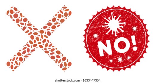 Mosaic cancel icon and red round distressed stamp seal with No! caption and coronavirus symbol. Mosaic vector is designed with cancel icon and with scattered elliptic elements.
