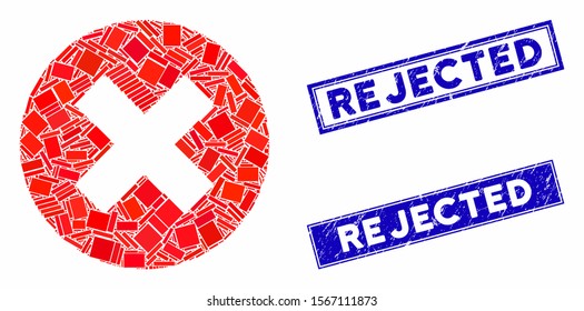 Mosaic cancel pictogram and rectangular rubber prints. Flat vector cancel mosaic pictogram of randomized rotated rectangular items. Blue caption rubber seals with scratched texture.