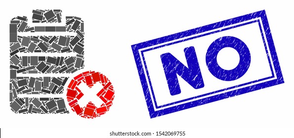 Mosaic cancel test and corroded stamp seal with No text. Mosaic vector cancel test is created with random rectangles. No stamp seal uses blue color.