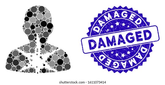 Mosaic cancer damaged patient icon and corroded stamp seal with Damaged caption. Mosaic vector is designed with cancer damaged patient icon and with random round spots.
