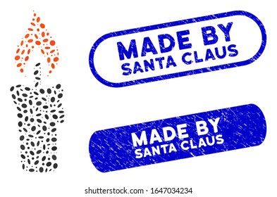 Mosaic candle and corroded stamp seals with Made by Santa Claus text. Mosaic vector candle is formed with randomized ellipse pieces. Made by Santa Claus stamp seals use blue color,