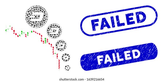 Mosaic candlestick chart Dashcoin deflation and distressed stamp seals with Failed phrase. Mosaic vector candlestick chart Dashcoin deflation is designed with randomized oval dots.