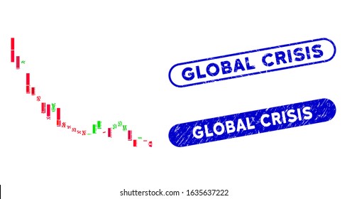 Mosaic candlestick chart falling slowdown and corroded stamp seals with Global Crisis caption. Mosaic vector candlestick chart falling slowdown is designed with scattered rectangle items.