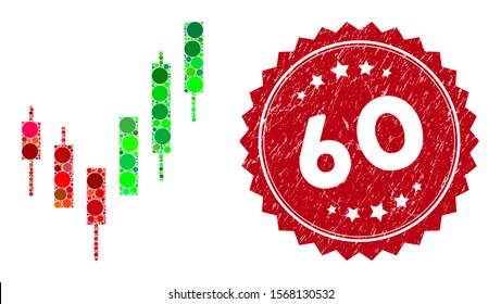 Mosaic candlestick chart and rubber stamp seal with 60 text. Mosaic vector is composed with candlestick chart icon and with randomized circle elements. 60 stamp seal uses red color,
