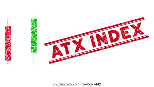 Mosaic candlesticks icon and red Atx Index stamp between double parallel lines. Flat vector candlesticks mosaic icon of random rotated rectangle elements.