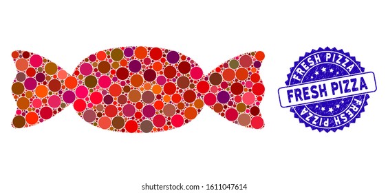 Mosaic candy icon and distressed stamp seal with Fresh Pizza caption. Mosaic vector is formed with candy icon and with scattered round spots. Fresh Pizza stamp seal uses blue color,