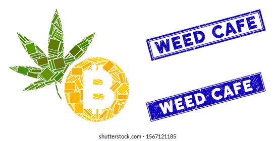 Mosaic cannabis Bitcoin pictogram and rectangular seal stamps. Flat vector cannabis Bitcoin mosaic pictogram of random rotated rectangular elements. Blue caption seal stamps with scratched textures.