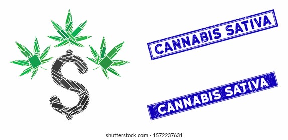 Mosaic cannabis business icon and rectangular Cannabis Sativa rubber prints. Flat vector cannabis business mosaic icon of scattered rotated rectangular elements.