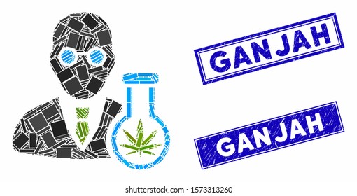 Mosaic cannabis chemist pictogram and rectangular Ganjah seal stamps. Flat vector cannabis chemist mosaic pictogram of random rotated rectangular elements. Blue Ganjah seals with scratched textures.