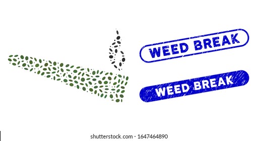 Mosaic cannabis cigarette and rubber stamp seals with Weed Break phrase. Mosaic vector cannabis cigarette is designed with random oval spots. Weed Break seals use blue color,