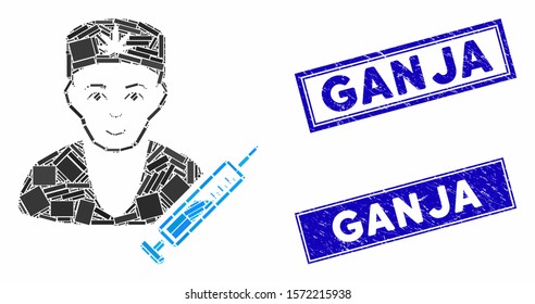 Mosaic cannabis doctor icon and rectangular Ganja seal stamps. Flat vector cannabis doctor mosaic pictogram of randomized rotated rectangular items. Blue Ganja seal stamps with grunged texture.