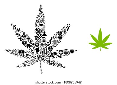 cannabis mosaico con iconos de salud e icono básico. El cannabis vector mosaico se crea con símbolos de salud. Elementos de ilustraciones abstractas para la publicidad pandémica.