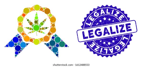 Mosaic cannabis legalize icon and rubber stamp watermark with Legalize phrase. Mosaic vector is created with cannabis legalize icon and with scattered circle elements.