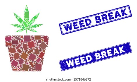 Mosaic cannabis pot pictogram and rectangle Weed Break seal stamps. Flat vector cannabis pot mosaic icon of scattered rotated rectangular elements. Blue Weed Break rubber stamps with rubber surface.