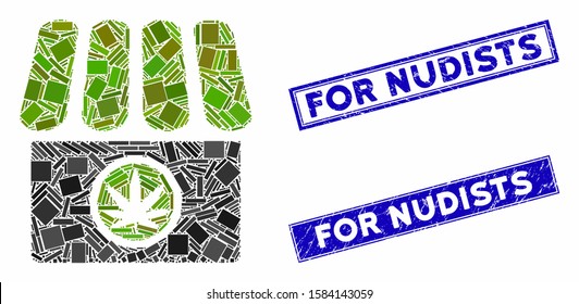 Mosaic cannabis shop icon and rectangular For Nudists rubber prints. Flat vector cannabis shop mosaic pictogram of random rotated rectangular items. Blue For Nudists rubber seals with grunge texture.