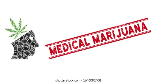 Pictograma del cabezal del cannabis mosaico y letra roja de goma de la Marihuana Médica entre líneas paralelas dobles.