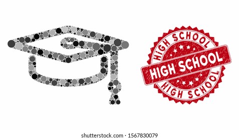 Mosaic cap graduate and corroded stamp seal with High School phrase. Mosaic vector is designed with cap graduate icon and with randomized round elements. High School stamp uses red color,
