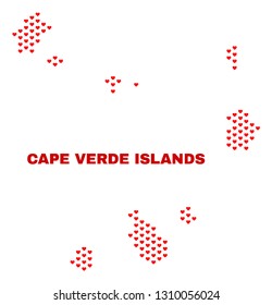 Mosaic Cape Verde Islands map of valentine hearts in red color isolated on a white background. Regular red heart pattern in shape of Cape Verde Islands map. Abstract design for Valentine decoration.