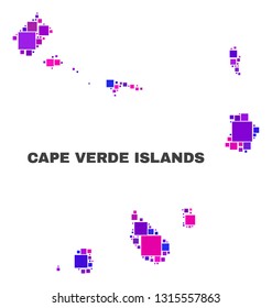Mosaic Cape Verde Islands map isolated on a white background. Vector geographic abstraction in pink and violet colors. Mosaic of Cape Verde Islands map combined of random small squares.