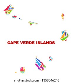 Mosaic Cape Verde Islands map of triangles in bright colors isolated on a white background. Triangular collage in shape of Cape Verde Islands map. Abstract design for patriotic decoration.